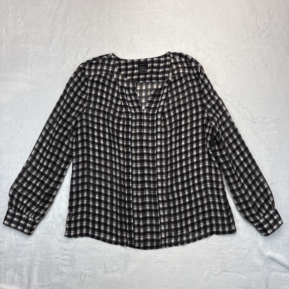 Ann Taylor XL Sheer Plaid Blouse Boho Office Chic Long Sleeve Top